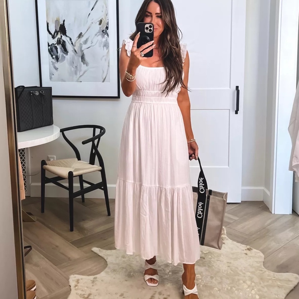 Abercrombie & Fitch White Ruffle Strap Textured Maxi Dress